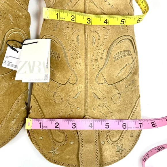 Zara Embroidered Taupe/Tan Suede 15.5” Pull-On Boots, Size 7.5 - Picture 10 of 15